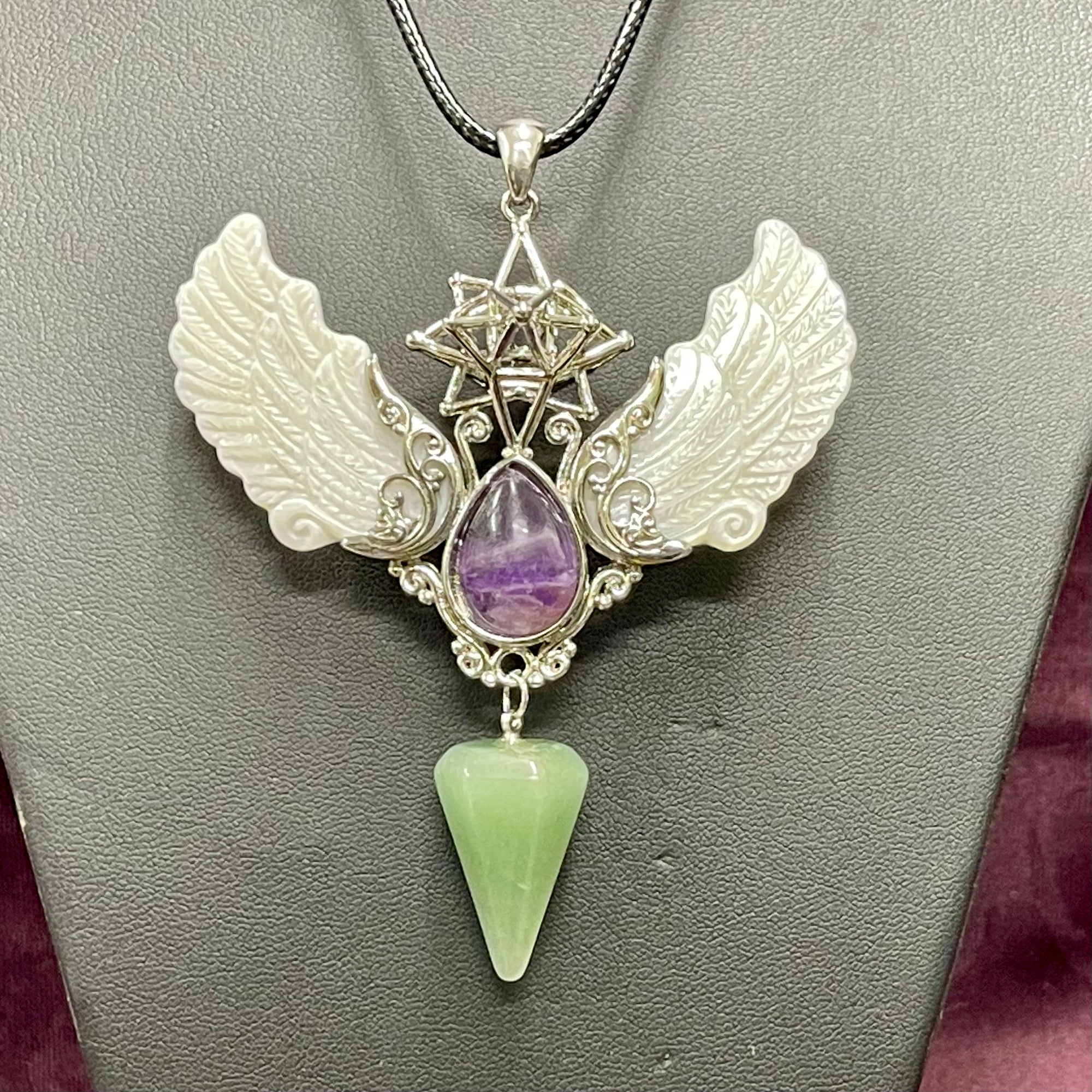 Alloy Carved Wing Pendant - Amethyst & Aventurine