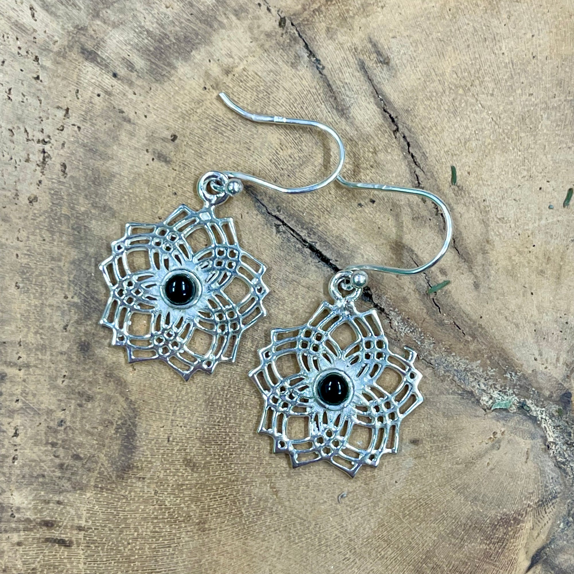 Sterling Silver Black Obsidian Flower Earrings