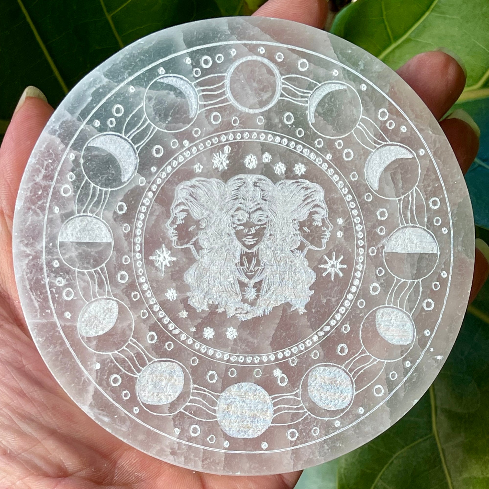 Engraved Selenite Charging Plate Goddess Moon Phase