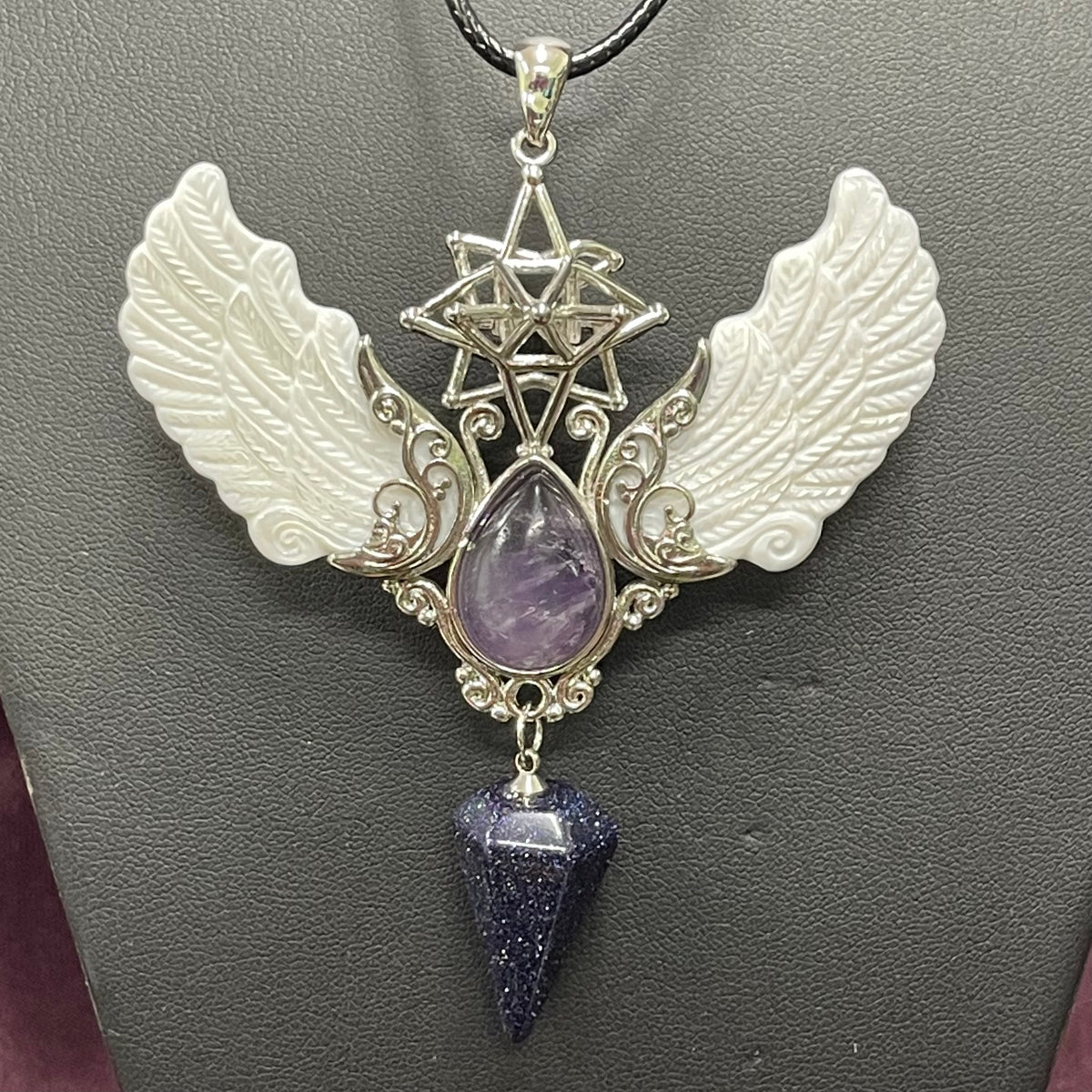 Alloy Carved Wing Pendant - Amethyst &amp; Blue Gold Stone