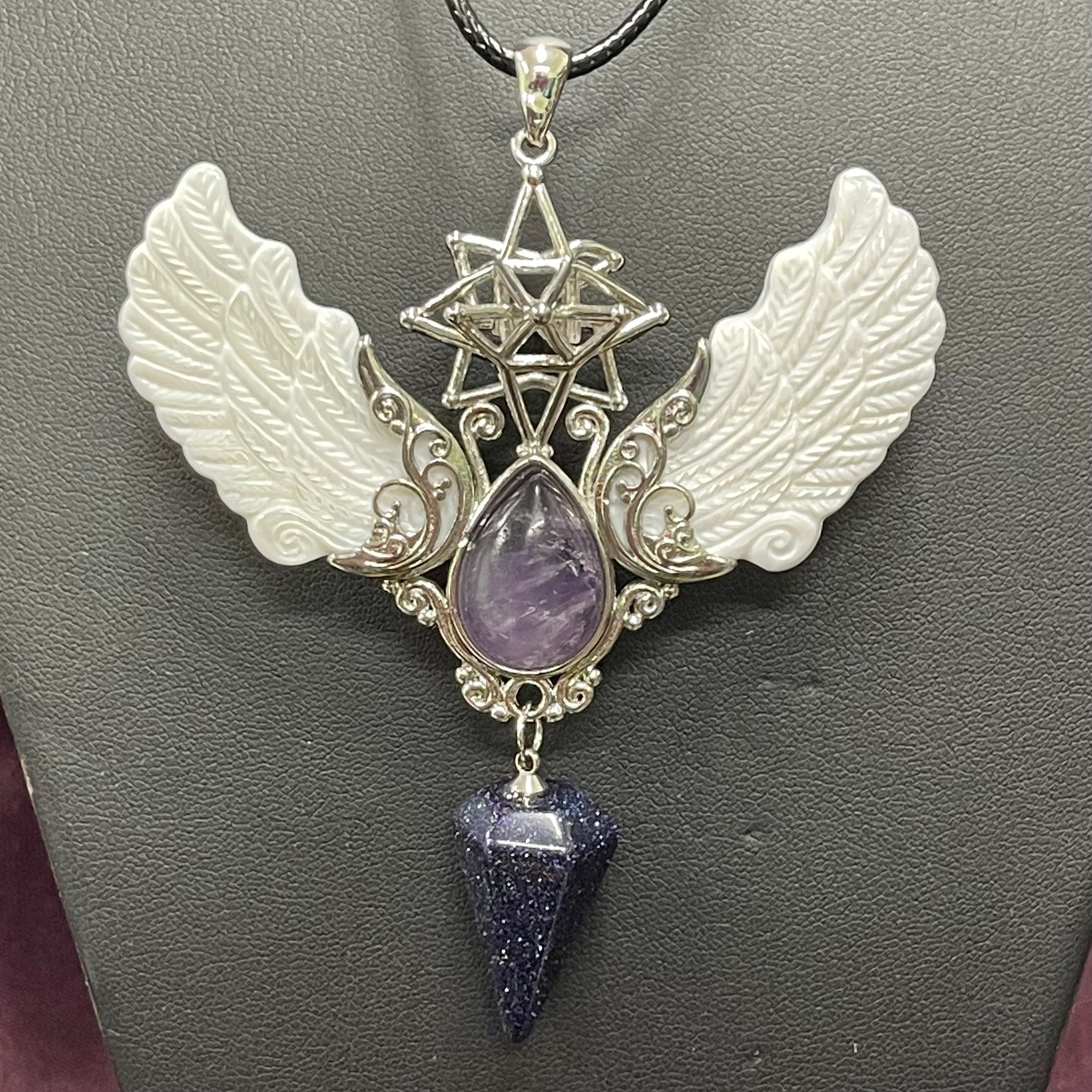 Alloy Carved Wing Pendant - Amethyst & Blue Gold Stone