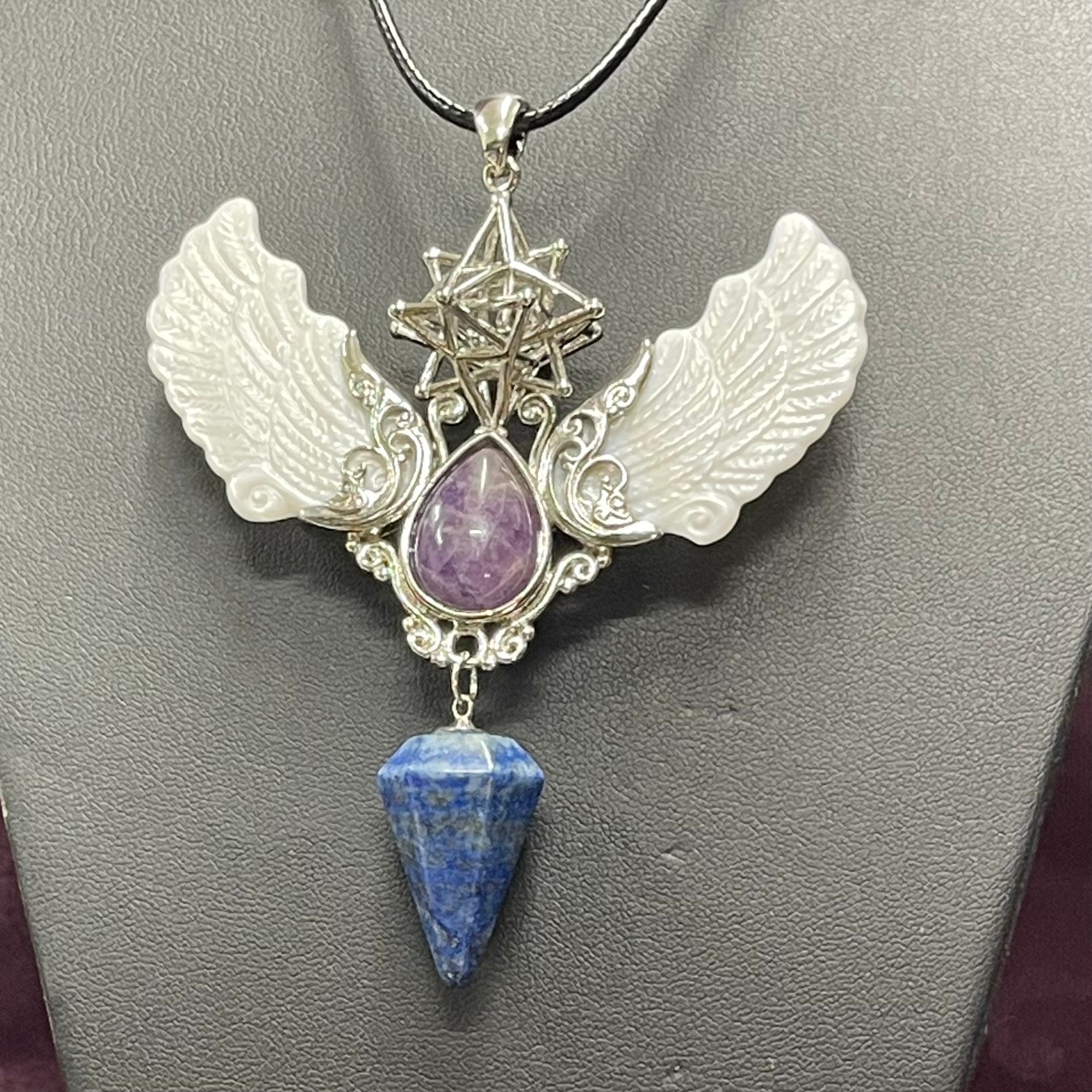 Alloy Carved Wing Pendant - Amethyst & Lapis Lazuli
