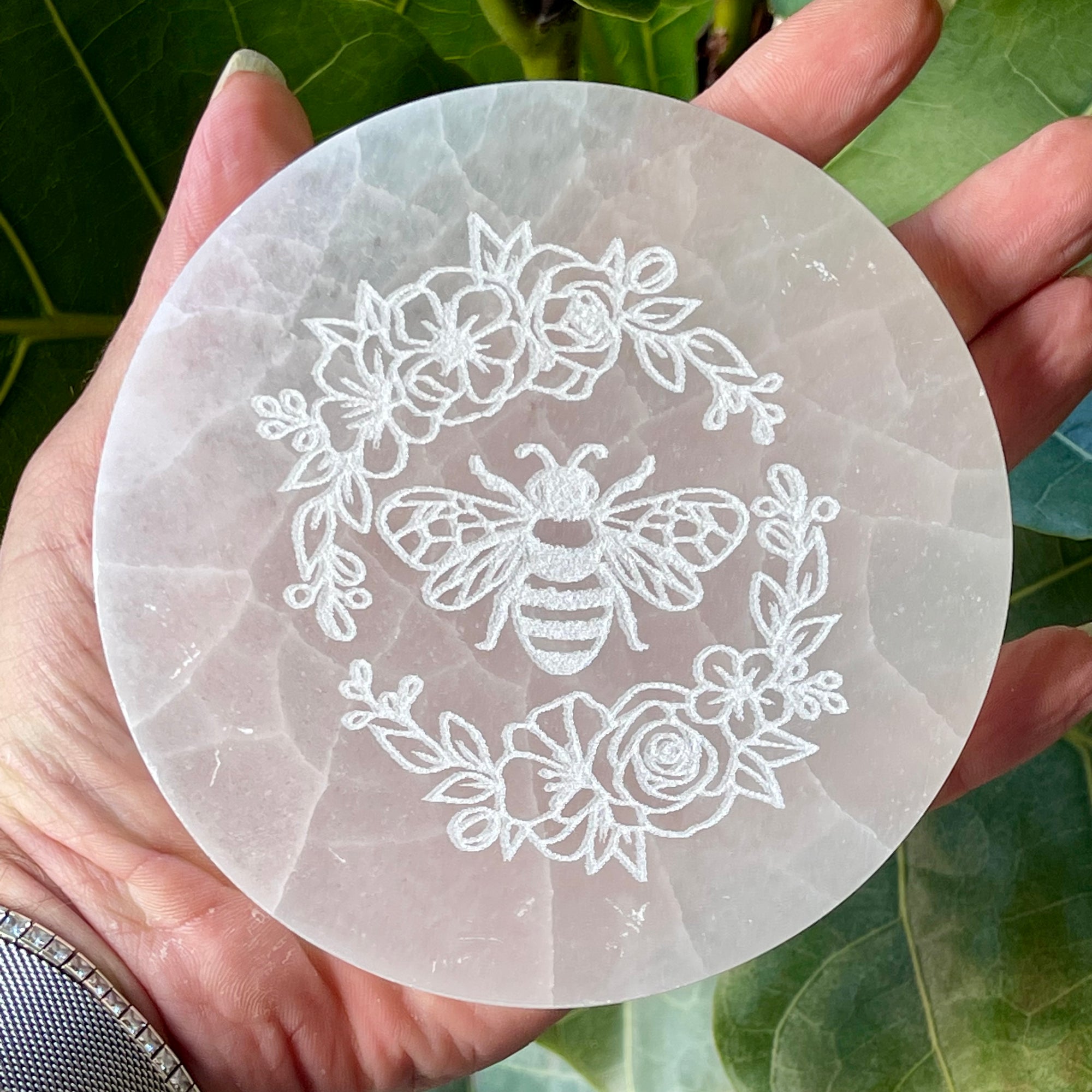 Engraved Selenite Charging Plate Floral Bee