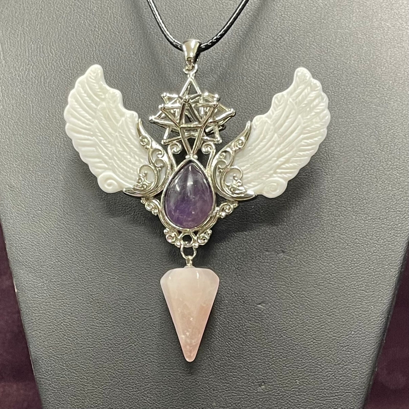 Alloy Carved Wing Pendant - Amethyst & Rose Quartz