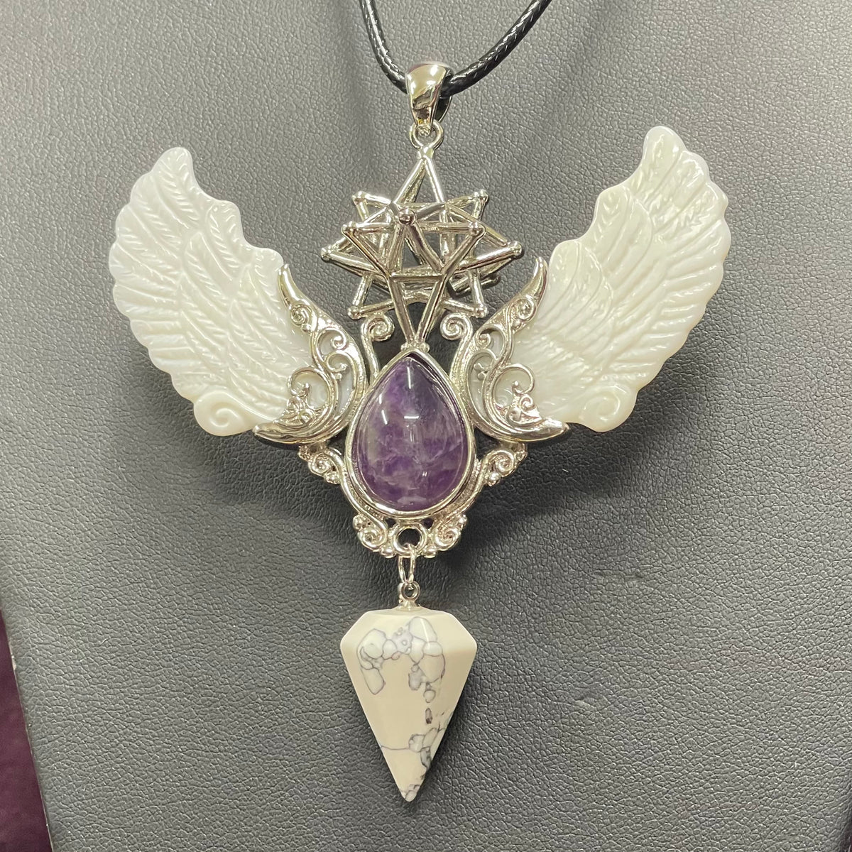 Alloy Carved Wing Pendant - Amethyst &amp; Howlite