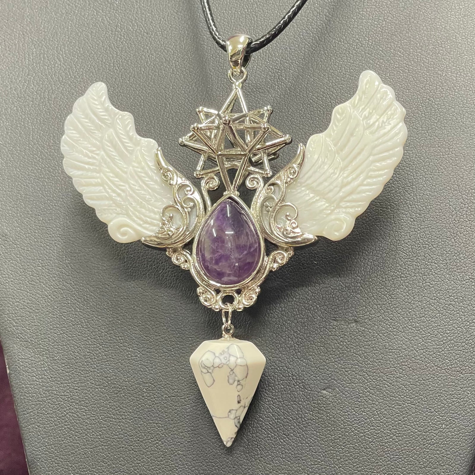 Alloy Carved Wing Pendant - Amethyst & Howlite