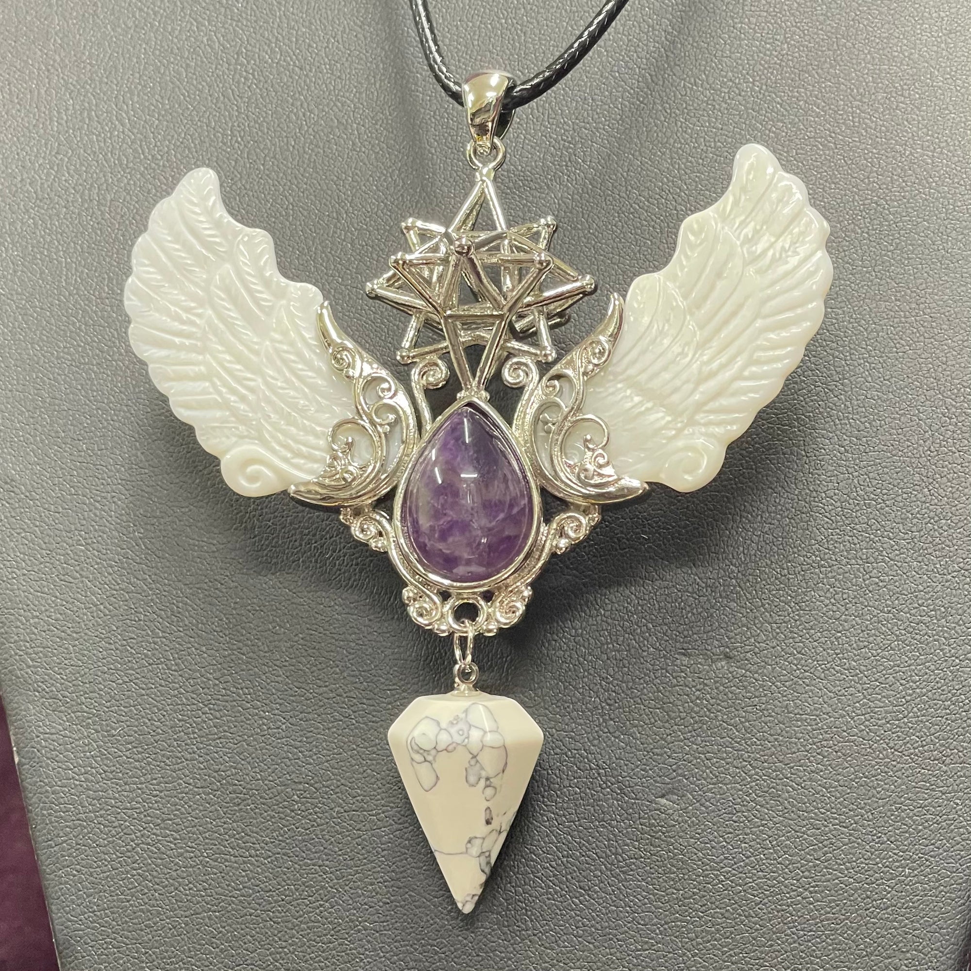 Alloy Carved Wing Pendant - Amethyst & Howlite
