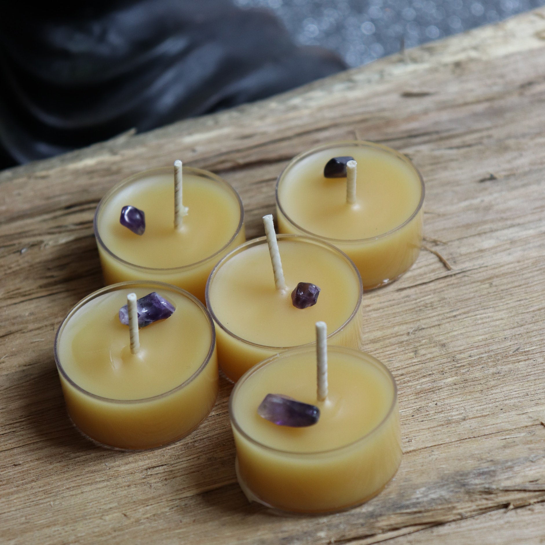 Hand Made Amethyst Beeswax t-light candles, Packet of 5 - The Spirit of Life