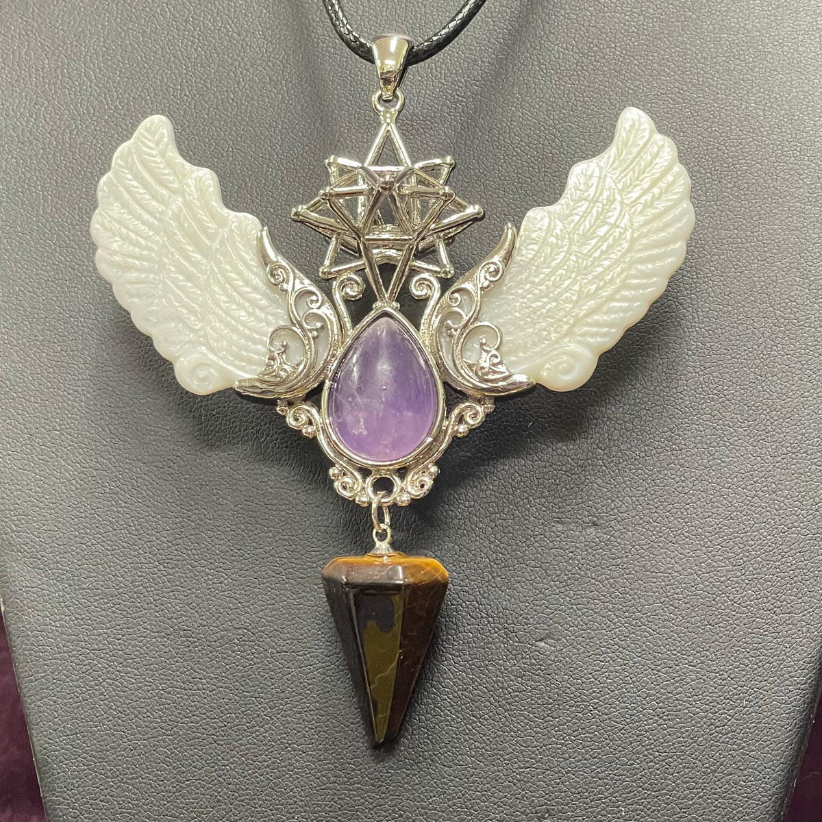 Alloy Carved Wing Pendant - Amethyst &amp; Tigers Eye