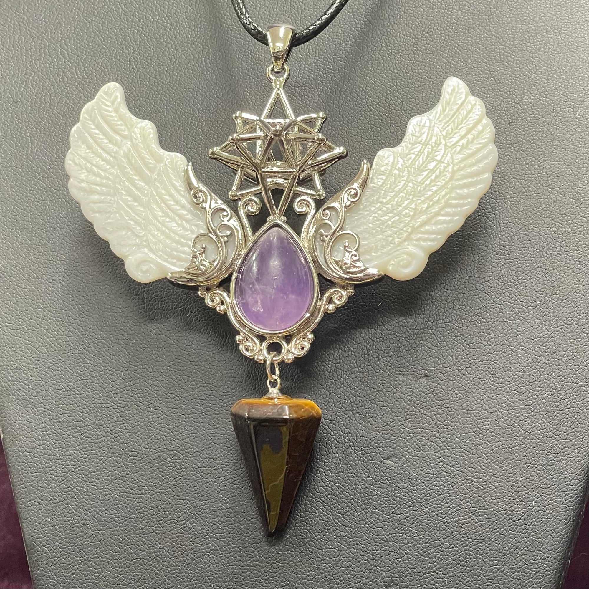 Alloy Carved Wing Pendant - Amethyst & Tigers Eye