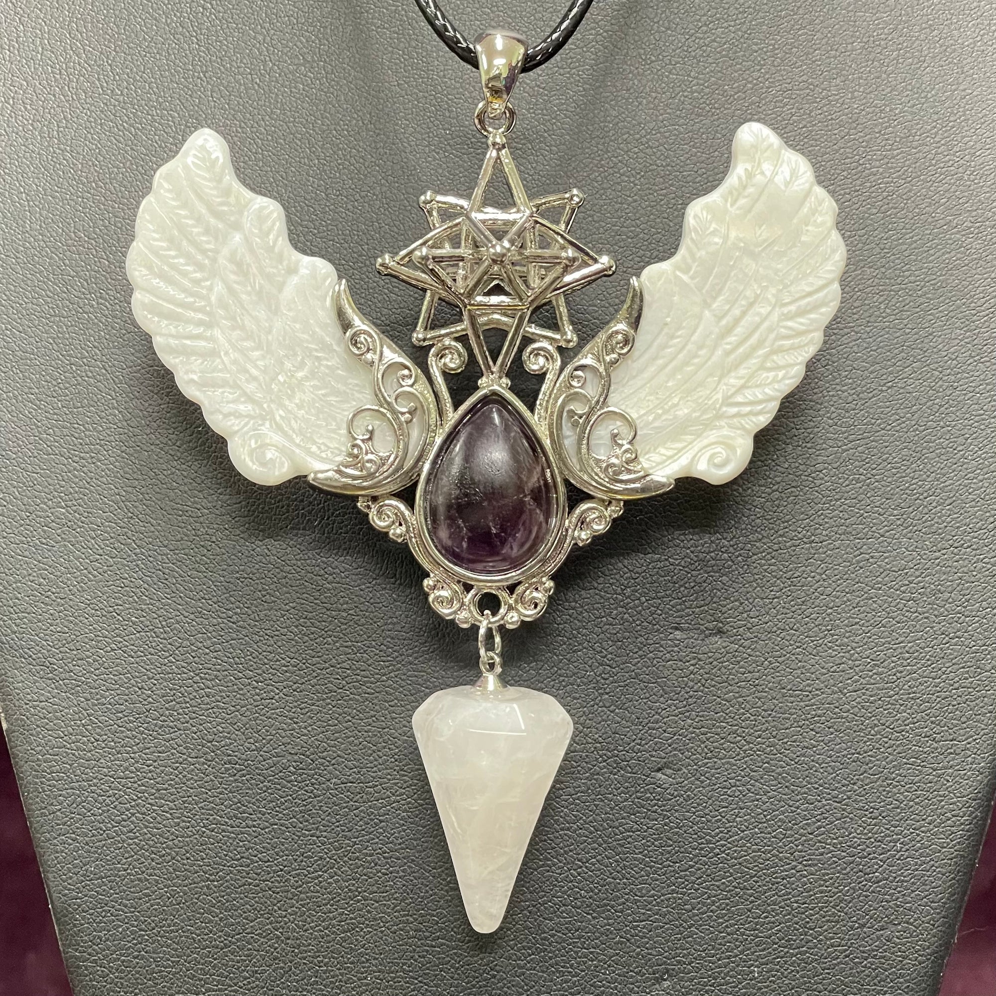 Alloy Carved Wing Pendant - Amethyst & Clear Quartz
