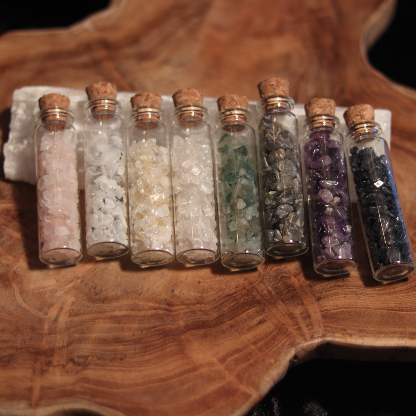 Set of 8 Crystal chips in glass viles - The Spirit of Life