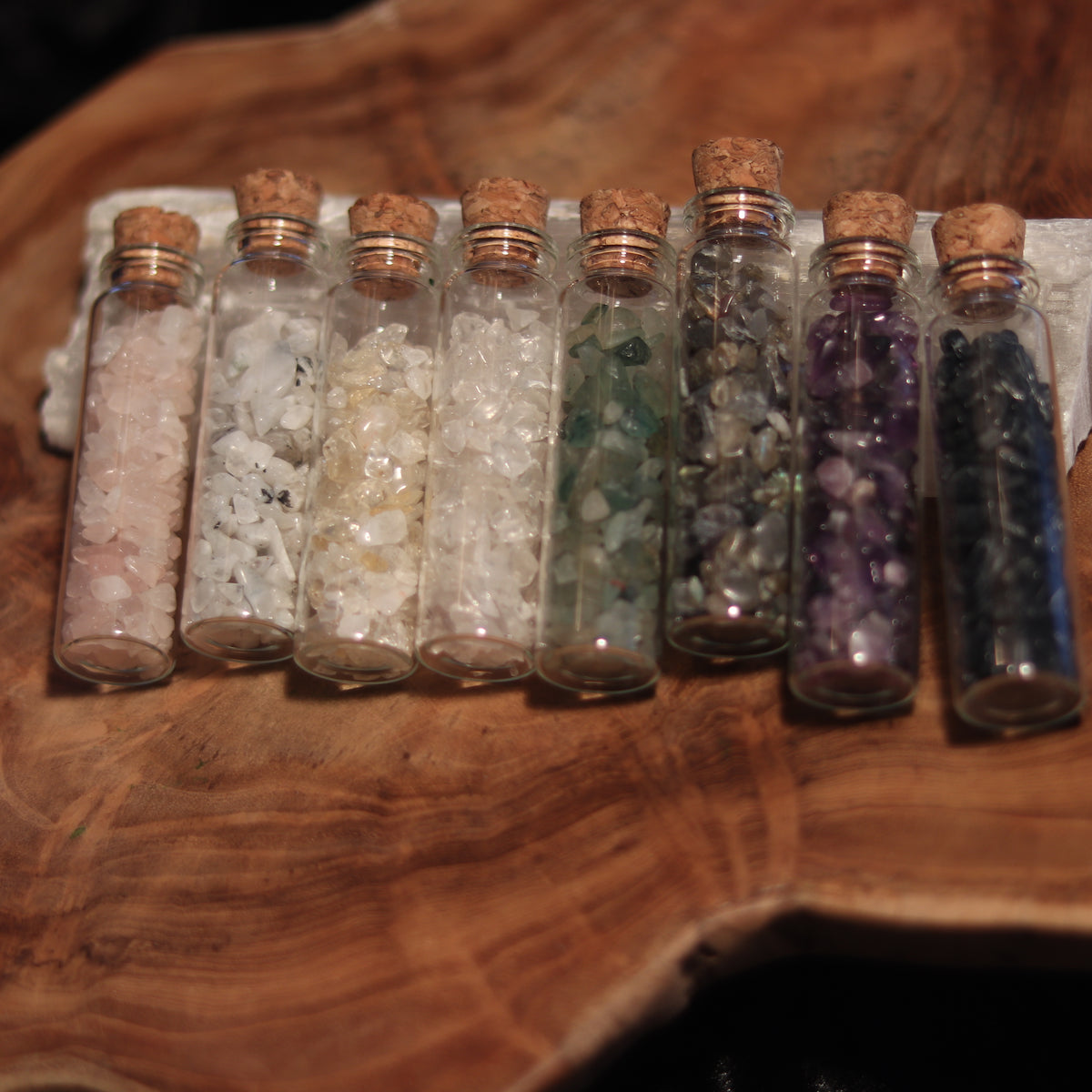 Set of 8 Crystal chips in glass viles - The Spirit of Life