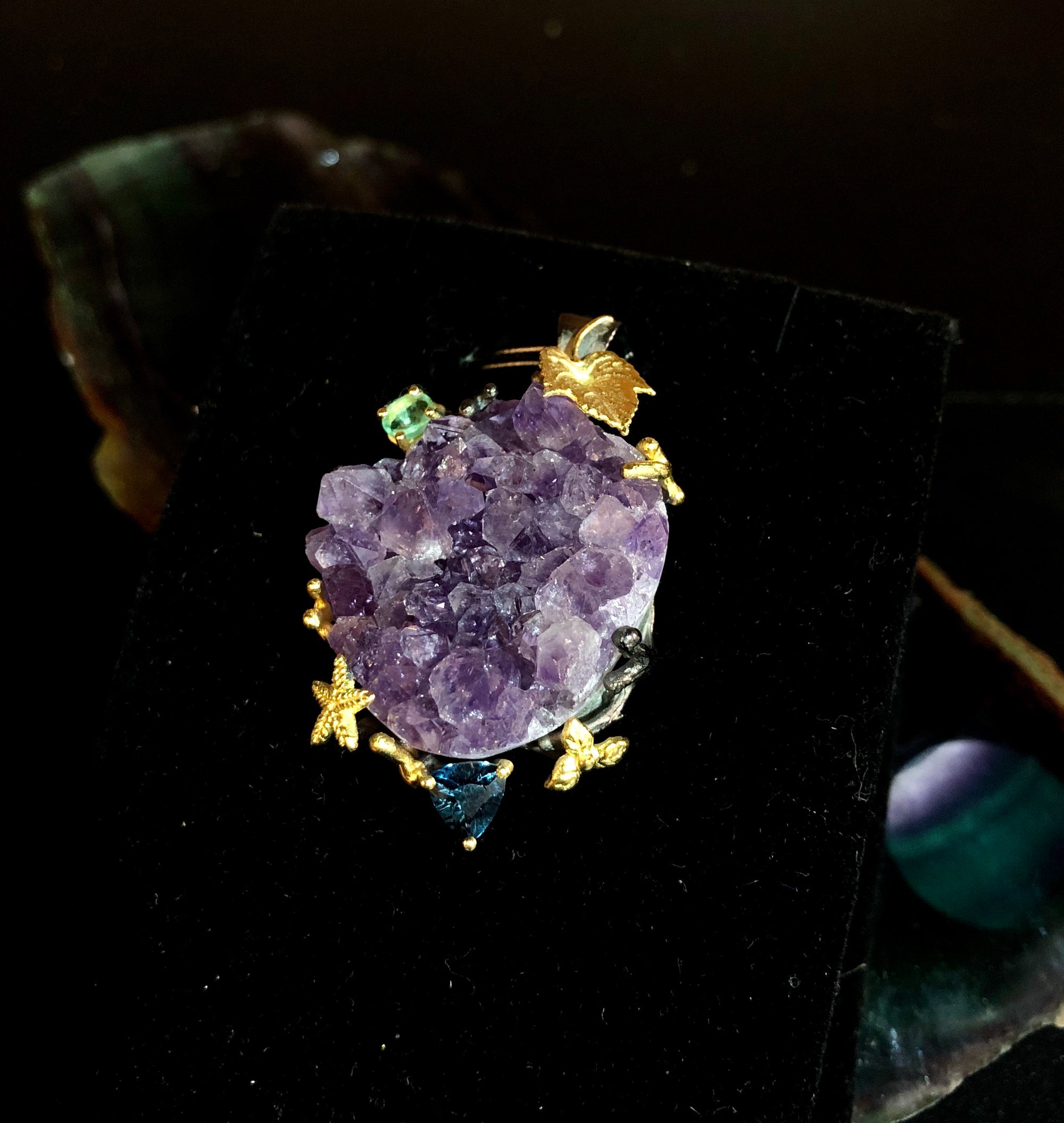 Natural Amethyst cluster pendant with emerald and topaz - The Spirit of Life