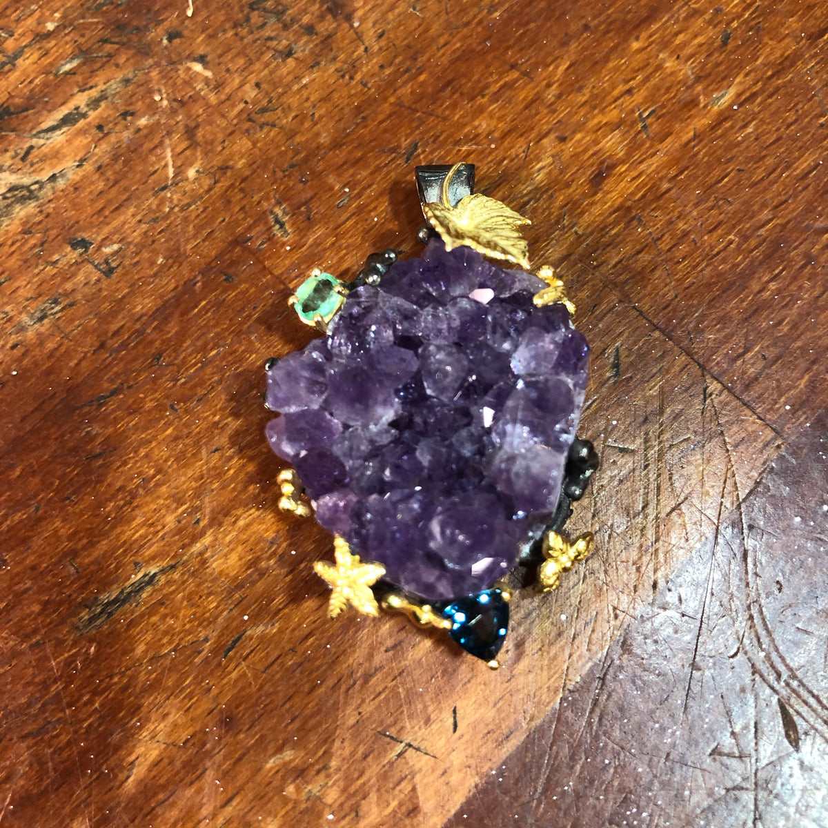 Natural Amethyst cluster pendant with emerald and topaz - The Spirit of Life