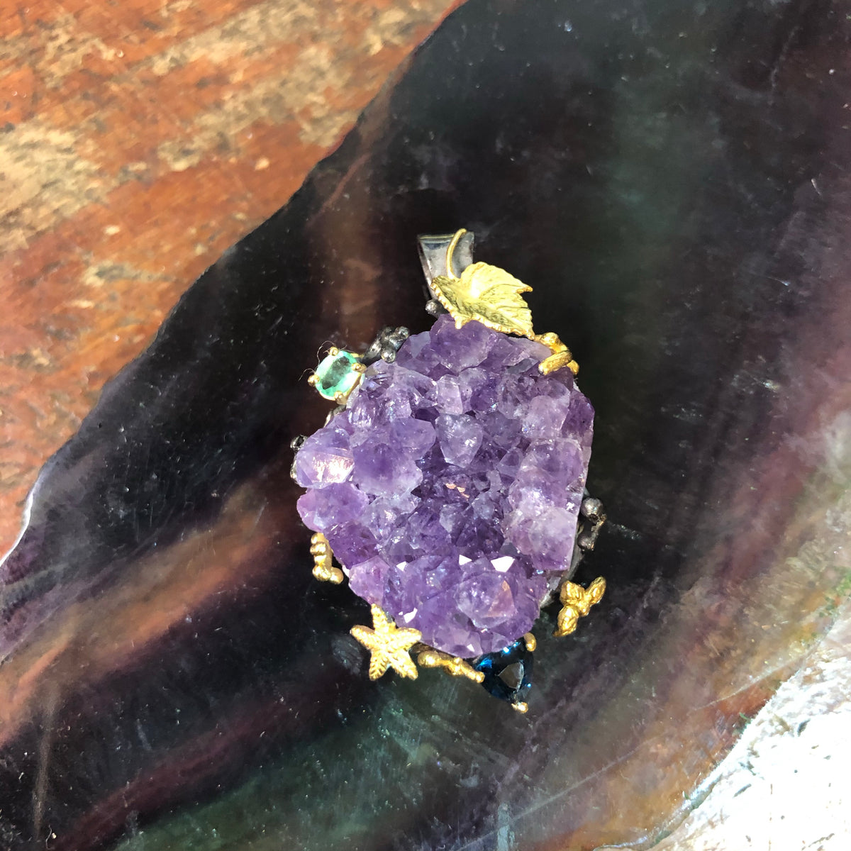 Natural Amethyst cluster pendant with emerald and topaz - The Spirit of Life