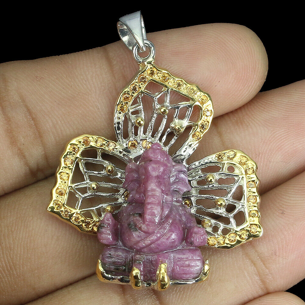 Ganesha Carving Ruby Zoisite 22x18mm 925 Sterling Silver Pendant - The Spirit of Life
