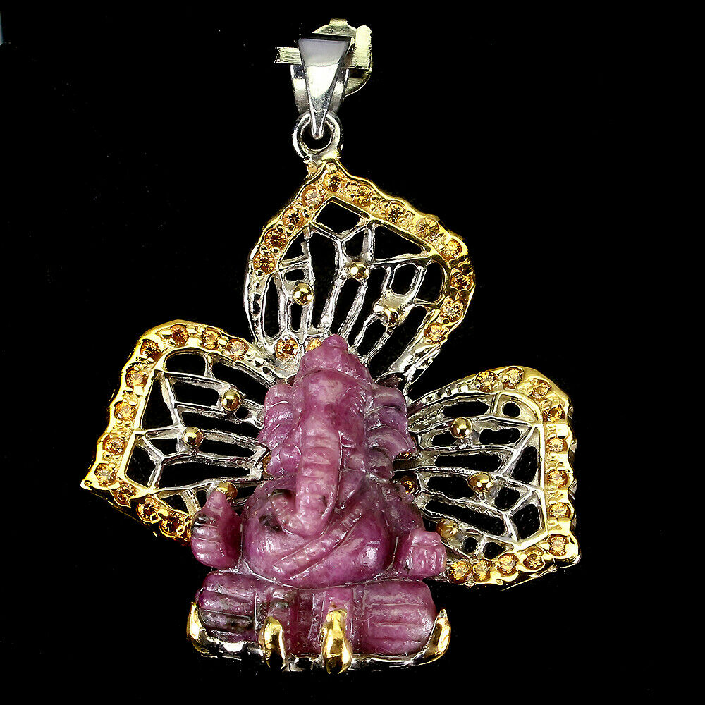 Ganesha Carving Ruby Zoisite 22x18mm 925 Sterling Silver Pendant - The Spirit of Life